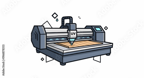 Cartoon 3D printer with UV technology working on wood