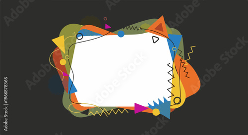 Abstract, colorful shapes and lines frame a white space on a dark background