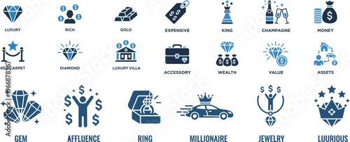 Luxury Wealth Icon Set – Diamond Rich Gold Red Carpet Villa Vector Icons