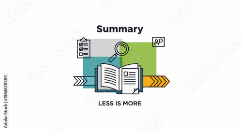 Abstract graphic representing summary, analysis, and conciseness with text