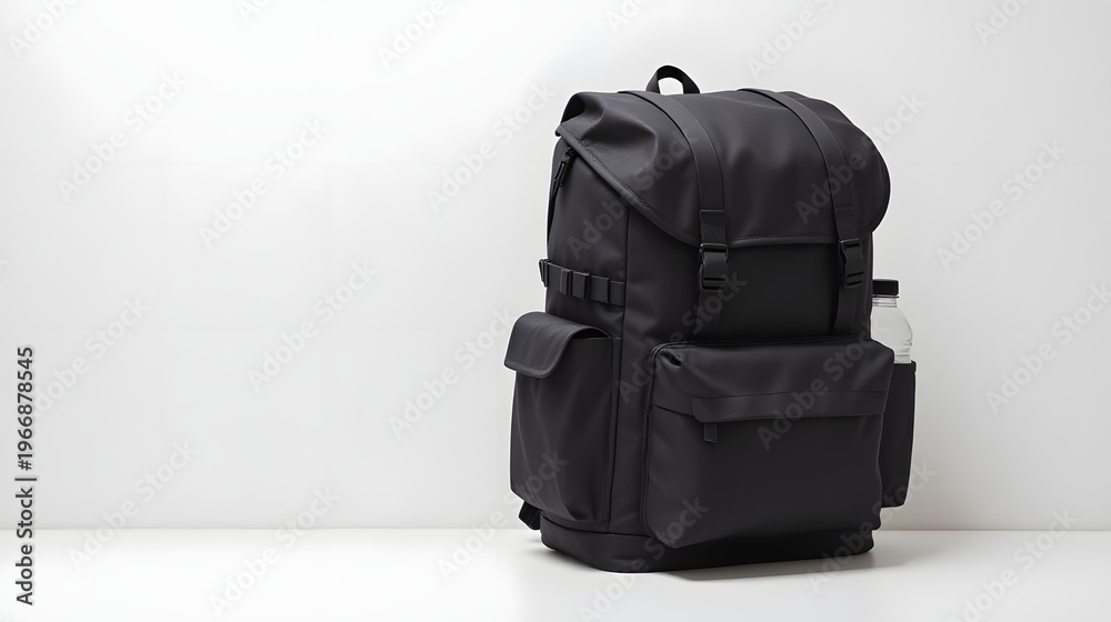 Fototapeta premium A sleek, modern black backpack with multiple compartments and a side water bottle holder, set against a clean white background
