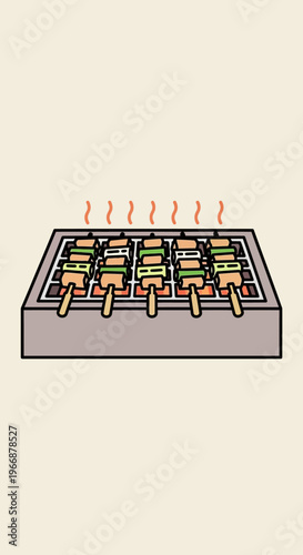 Grilled Japanese Yakitori Skewers on Charcoal Grill Illustration
