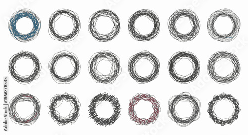 Abstract circular scribbles in a grid pattern, some with color