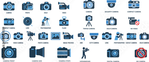 Photography Icon Set Flat Two Tone Blue Camera DSLR Video Photographer Vector