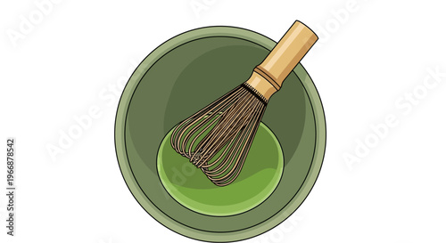 Illustration of Matcha Green Tea in a Bowl with Bamboo Whisk