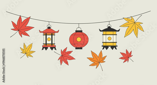 Autumn Festival Garland with Japanese Lanterns and Maple Leaves
