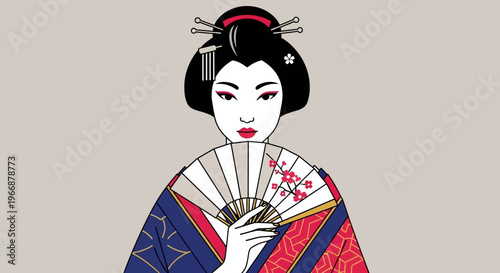 Elegant Japanese Geisha Illustration with Traditional Fan