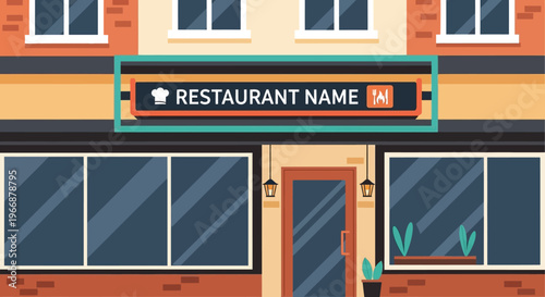 Flat Vector Illustration of a Modern Restaurant Exterior Facade