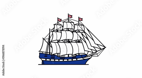 Detailed illustration of a blue sailing ship with white sails and flags