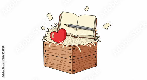 Open book with pencil and heart inside a wooden crate