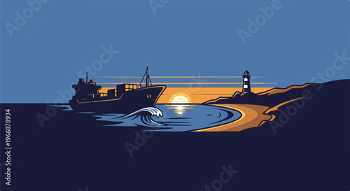 Large cargo ship navigates calm waters toward a lighthouse at sunset