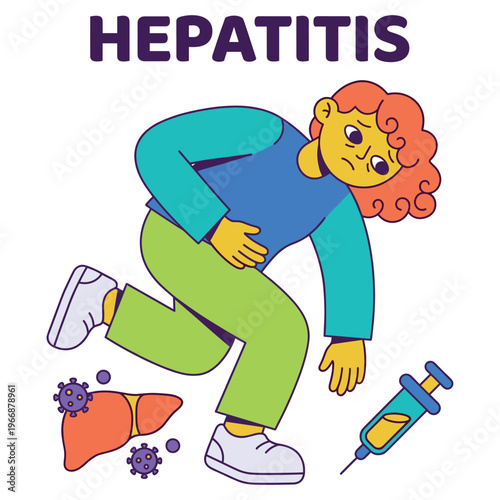 Medical Health Disease Symptoms Character experiencing abdominal pain from Hepatitis, emphasizing critical Healthcare awareness