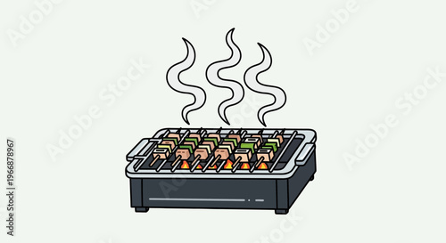 Illustration of Skewered Meat and Vegetables Grilling on a Portable Barbecue