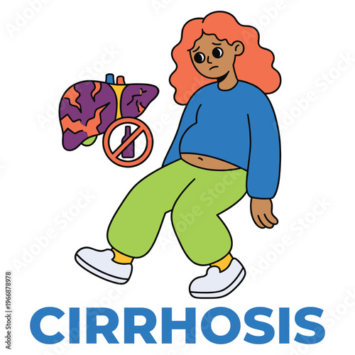 Character showing medical health disease symptoms of cirrhosis, highlighting serious liver condition and vital healthcare awareness