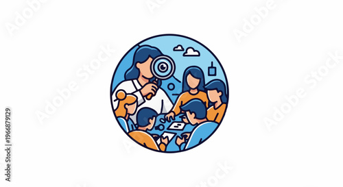 A team collaborates around a table, one person examines details with a magnifier