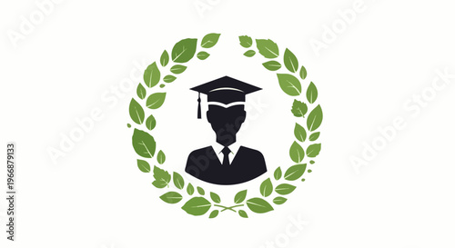 Silhouette of a graduate wearing a cap, framed by green leaves