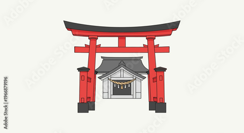 Traditional Japanese Shinto Shrine Gate Torii and Small Temple Building Illustration