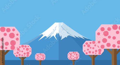 Mt Fuji and Cherry Blossom Trees Vector Illustration