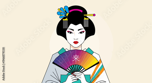 Elegant Japanese Geisha Illustration with Colorful Folding Fan