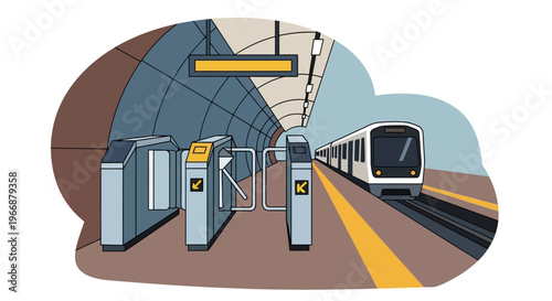 Subway Station Platform with Ticket Gates and Approaching Train Illustration