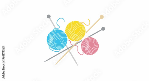 Three colorful yarn balls with knitting needles on a white background