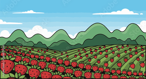 A vibrant field of ripe strawberries stretches towards rolling green hills under a blue sky
