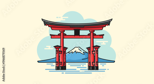 Flat Vector Illustration of Japanese Torii Gate and Mount Fuji