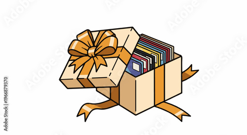 Open gift box with colorful items and an orange bow, ribbon trailing