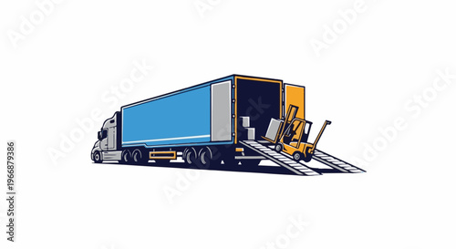 Forklift loading cargo into a blue semi-truck trailer using a ramp