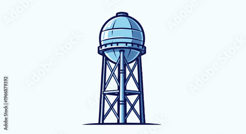 A stylized illustration of a tall, metallic water tower with a domed tank