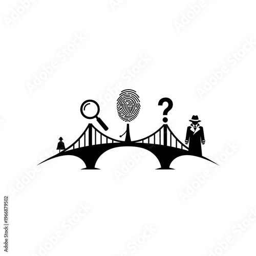 Intriguing Silhouette Illustration of Mystery and Investigation on a Bridge.