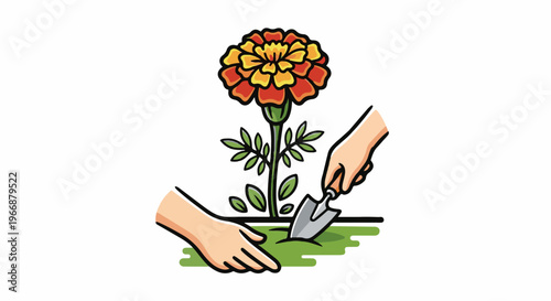 Hands planting a colorful flower with a garden trowel in green soil