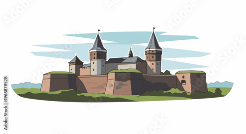 A stone fortress with tall, conical towers, fortified walls, and grassy ramparts