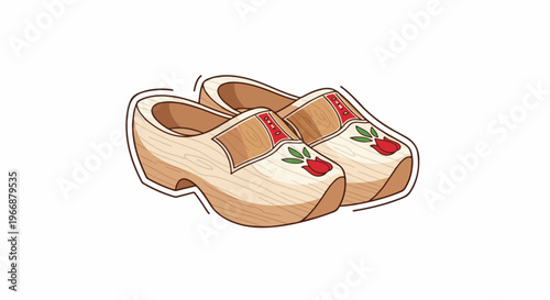 Pair of wooden clogs with red floral designs and decorative trim