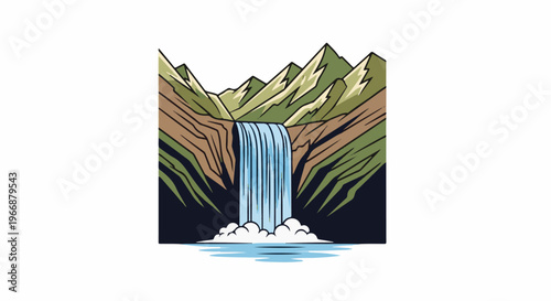 A stylized cascade plunges into a pool amid mountainous terrain