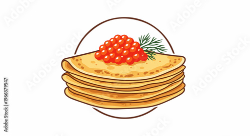 Stack of golden crepes topped with bright red roe and dill