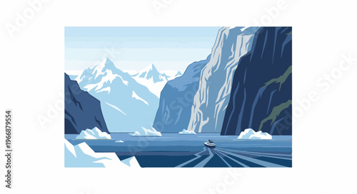 A small boat navigates through icebergs and snowy mountains