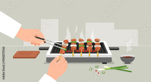 Chef Grilling Yakitori Skewers on Tabletop Grill