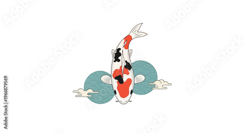 Japanese Koi Fish Illustration with Traditional Clouds and Waves