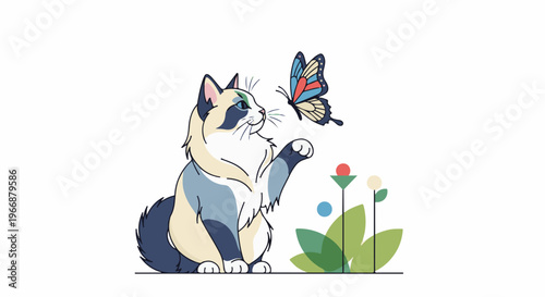 Whimsical cat reaches for a delicate butterfly amidst stylized flora