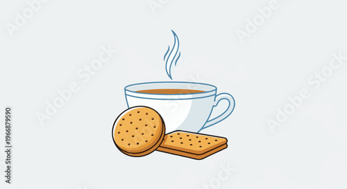 A white cup of hot tea sits next to two cookies