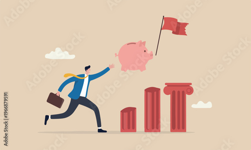 Loss crisis or stock flag on red pillars market crash, financial problem or losing all savings pension concept, businessman running trying to catch flying deflate bank balloon