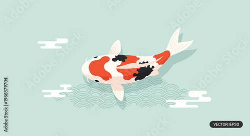 Minimalist Japanese Koi Fish Illustration with Traditional Wave Pattern