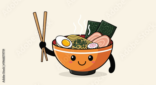 Cute Cartoon Ramen Bowl Character Holding Chopsticks