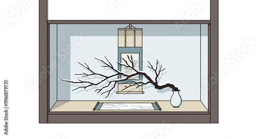 Minimalist Japanese Tokonoma Alcove with Ikebana Branch