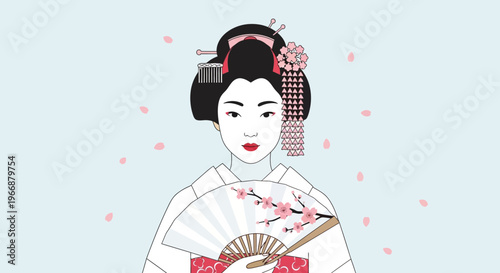 Beautiful Japanese Geisha Illustration with Cherry Blossoms and Traditional Fan