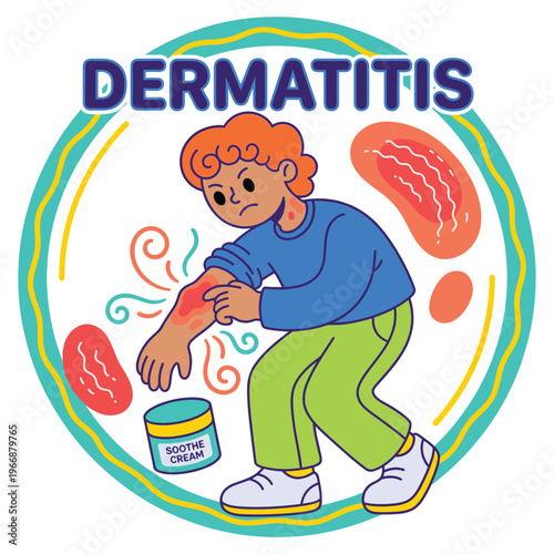 Healthcare Illustration A Young Character Experiences Medical Skin Disease Symptoms of Dermatitis and Seeks Relief with Soothe Cream