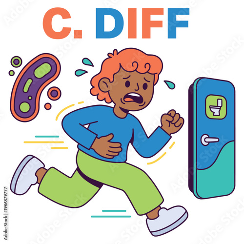 Young character experiencing acute digestive health symptoms, rushing for urgent medical care