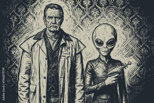 Vector engraving illustration of an old sheriff and a grey alien holding a retro laser pistol standing together against vintage wallpaper.