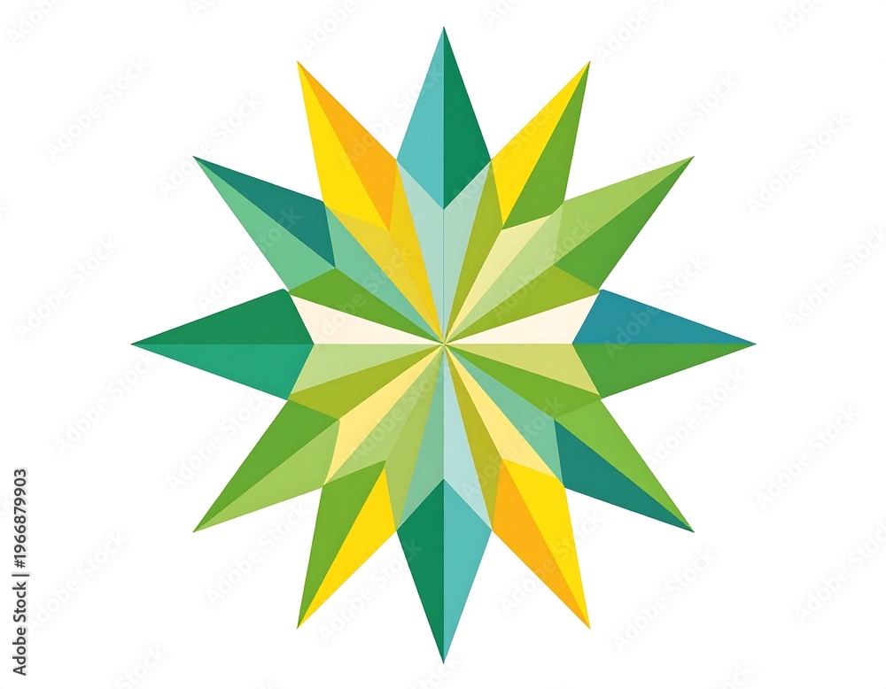 Obraz premium A geometric, multifaceted star composed of various shades of green, yellow, and blue arranged in a symmetrical pattern against a plain white background